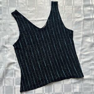 Laura Petites Black Tank Top with Silver and Blue Striped Sparkle Details